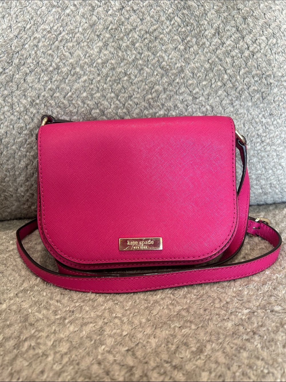Kate Spade Hot Pink Saffiano Leather Flap Crossbody Bag Saddle Purse
